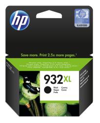 Schwarze HP Tintenpatrone 932XL. Verpackung mit grünem Akzent. Abbildung einer schwarzen Schmetterlings auf grünen Pflanzen. Hinweis auf 2.5-fache Seitenanzahl.