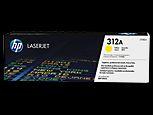 Schwarze Verpackung für einen HP LaserJet Toner. Beschriftung zeigt die Farbe Gelb und die Modellnummer 312A.
