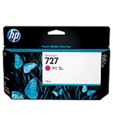 Schwarze Verpackung mit blauen Schmetterlingen. Produktname: HP Designjet 727. Farbe: Magenta. Inhalt: 130 ml.