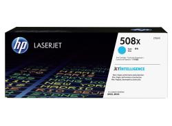 Schwarze Verpackung für einen HP LaserJet Druckerpatrone. Aufdruck zeigt die Modellnummer 508x und die Farbe Cyan.