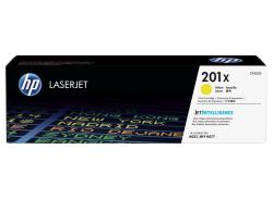 Schwarze Verpackung für einen gelben Laserdrucker-Toner. Aufdruck mit Produktinformationen und Logo.
