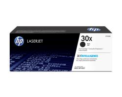 Schwarze Druckerpatrone von HP. Verpackung zeigt die Bezeichnung 30X und Jet Intelligence.