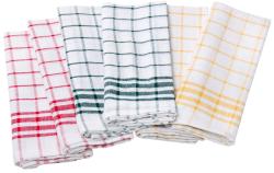 Sechs Geschirrtücher in verschiedenen Farben. Rot, grün, gelb und weiß mit kariertem Muster.