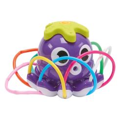 Lila Spielzeug-Oktopus mit bunten Ringen. Der Oktopus hat große Augen und einen grünen Deckel.