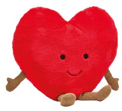Rotes Herz-Kuscheltier mit einem lächelnden Gesicht. Es hat kurze, braune Beine.