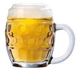 Ein Glas Bier mit Schaumkrone. Das Bier ist goldfarben und sprudelnd.