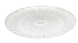 Durchsichtiger, runder Glasschalen mit detaillierter Musterung. Die Oberfläche ist glänzend und reflektiert Licht.