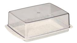 Rechteckige Butterdose mit transparentem Deckel. Unterteil in hellem Farbton mit kleinen Punkten. Flacher Boden.