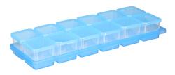 Transparente blaue Aufbewahrungsbox mit mehreren kleinen Fächern. Ideal für die Organisation von kleinen Gegenständen.