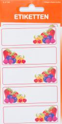 Aufkleber mit bunten Früchten wie Erdbeeren, Kirschen und Blaubeeren. Vier leere Etiketten auf einem Bogen.