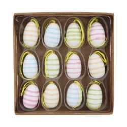 Bunte Ostereier aus Kunststoff. Farben: Weiß, Rosa, Gelb, Grün. Mit gestreiftem Muster. Mit gelben Schnüren zum Aufhängen.
