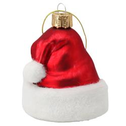 rote Weihnachtsmannmütze als Christbaumkugel. Mit weißem Fellrand und Bommel. Glänzende Oberfläche.