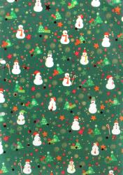 Geschenkpapier mit grünem Hintergrund. Motiv mit Schneemännern, Weihnachtsbäumen und Sternen.