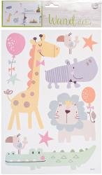 Bunte Wandsticker mit Tieren wie Giraffe, Löwe und Krokodil. Enthält auch Luftballons und Sterne.