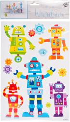 Bunte Wandsticker mit Robotermotiven. Verschiedene Formen und Farben, geeignet für Kinderzimmer.