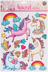 Wanddekoration mit bunten Einhörnern, Regenbögen und Sternen. Verschiedene glitzernde Elemente und Farben.