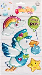 Bunte Aufkleber mit einem fliegenden Storch, Regenbogen und Stern. Text auf einem Ballon: 'It's a boy'.