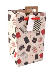 Geschenktüte mit buntem Geschenkedesign. Enthält rote und schwarze Geschenke sowie Zuckerstangen.