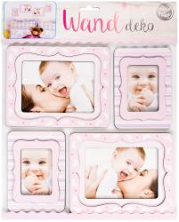 Vier Bilderrahmen in rosa und weiß. Rahmen mit verschiedenen Designs. Fotos von einem Baby und einer Mutter. Fröhliche Ausdrücke.