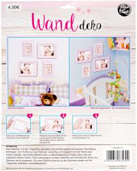 Vier Bilderrahmen in rosa und weiß. Rahmen mit verschiedenen Designs. Fotos von einem Baby und einer Mutter. Fröhliche Ausdrücke.