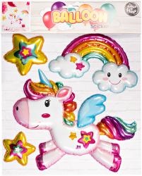 Bunte Luftballon-Aufkleber mit einem Einhorn, einem Regenbogen, Wolken und Sternen. Die Motive sind glänzend und farbenfroh.
