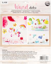 Bunte Luftballon-Aufkleber mit einem Einhorn, einem Regenbogen, Wolken und Sternen. Die Motive sind glänzend und farbenfroh.