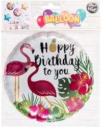 Runder Folienballon mit dem Aufdruck 'Happy Birthday to you'. Verziert mit Flamingos und tropischen Pflanzen.