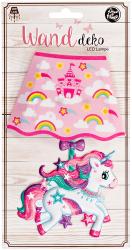 Wandlampe in Form eines Einhorns. Rosa Schirm mit Wolken, Regenbögen und einer Burg. Einhorn mit glitzerndem Haar und bunten Sternen.