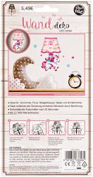 Wandlampe in Form eines Einhorns. Rosa Schirm mit Wolken, Regenbögen und einer Burg. Einhorn mit glitzerndem Haar und bunten Sternen.