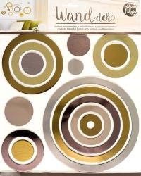 Wanddeko mit verschiedenen kreisförmigen Elementen in Gold, Silber und Braun. Selbstklebend und wiederverwendbar.