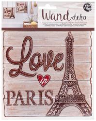 Wanddeko mit dem Schriftzug 'Love in Paris' und einer Abbildung des Eiffelturms. Die Farben sind braun und rot auf einem hellen Hintergrund.