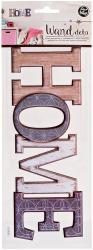 Wanddeko mit dem Wort 'HOME'. Buchstaben in verschiedenen Holzoptiken. Ovaler Buchstabe 'O' mit geometrischem Muster.