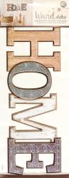 Wanddeko mit dem Wort 'HOME'. Buchstaben in verschiedenen Farben: Holzoptik, grau und weiß. Ovales Element in der Mitte. Selbstklebend und wiederverwendbar.