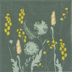 Muster mit verschiedenen Blumen in gelb und hellblau auf grauem Hintergrund. Die Blumen sind stilisiert und variieren in Form und Größe.
