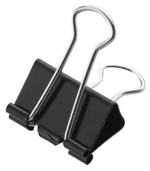 schwarzer Büroklammern-Halter aus Metall. Zwei gebogene Metallbügel, die eine schwarze Basis halten. Funktional und einfach.