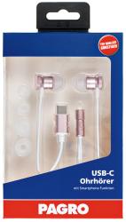 Ohrhörer mit USB-C Anschluss in rosé. Verpackung zeigt Ohrstöpsel in verschiedenen Größen.