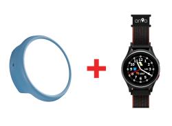 Ein blauer Ring und eine schwarze Smartwatch mit buntem Ziffernblatt. Die Uhr hat ein sportliches Design.
