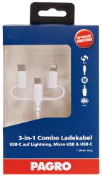 Verpackung für ein 3-in-1 Ladegerät. Kabel hat USB-C, Lightning und Micro-USB Anschlüsse. Länge 1 Meter. Farbgebung blau und weiß.
