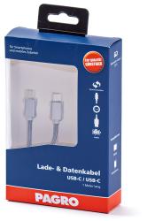 Verpackung für ein USB-C Lade- und Datenkabel. Kabel ist 1 Meter lang und für Smartphones geeignet.