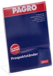 Prospektständer aus transparentem Material. Steht auf einem stabilen Fuß. Für DIN A7 Formate geeignet. Aufdruck mit Logo und Qualitätshinweis.