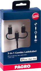 3-in-1 Ladegerät mit USB auf Lightning, Micro-USB und USB-C. Kabel ist 1 Meter lang.