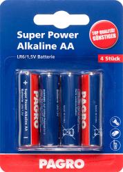 Packung mit vier AA-Batterien. Batterien in blau und rot mit der Aufschrift 'Super Power Alkaline'.