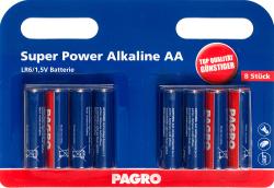 Packung mit 8 AA-Batterien. Batterien in blauer und roter Farbe.