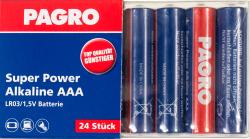 Packung mit 24 AAA Alkaline Batterien. Die Batterien sind rot und blau, mit Aufschrift.