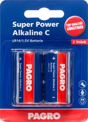 Zwei C-Batterien in einer Verpackung. Rot-blaues Design. Aufschrift: 'Super Power Alkaline C'.