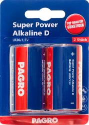 Zwei D-Batterien in einer blauen Verpackung. Auf der Verpackung steht 'Super Power Alkaline D'.