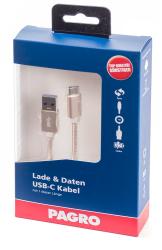 Verpackung für ein USB-C Kabel. Kabel ist 1 Meter lang, in silberner Farbe.