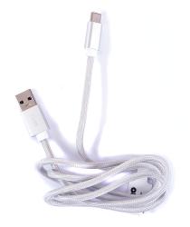 Verpackung für ein USB-C Kabel. Kabel ist silberfarben, 1 Meter lang. Auf der Verpackung steht 'Lade & Daten'.