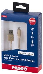 Verpackung für ein 1 Meter langes USB-auf-Lightning-Kabel. Kabel im Textil-Design, geeignet für iPod, iPhone und iPad.