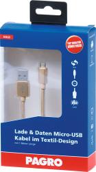 Verpackung für ein goldfarbenes Micro-USB Kabel. Kabel ist 1 Meter lang und hat ein Textil-Design.
